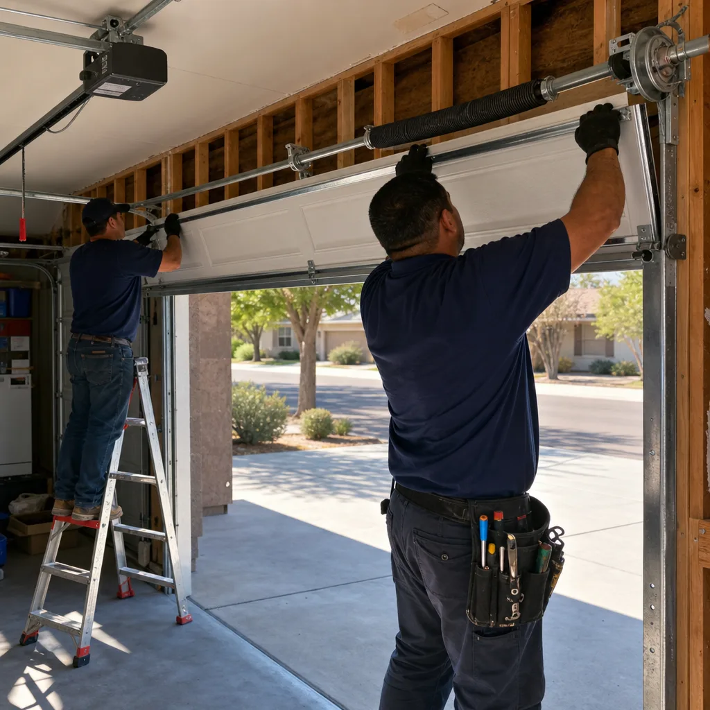 Two professional technicians installing a new residential garage door