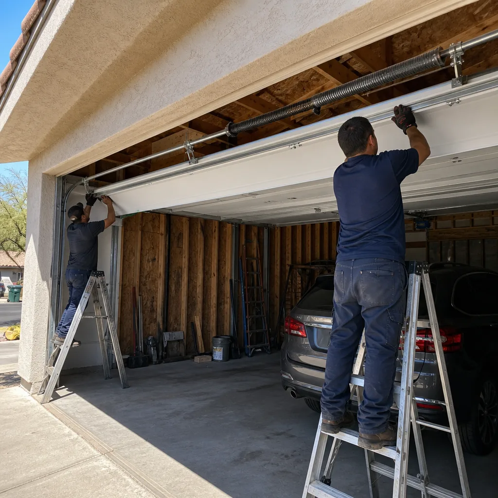 Two professional technicians installing a new residential garage door section.