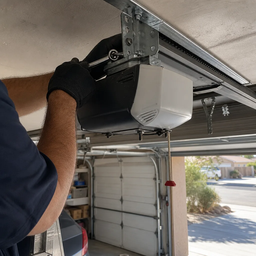Technician performing garage door opener repair and installation services