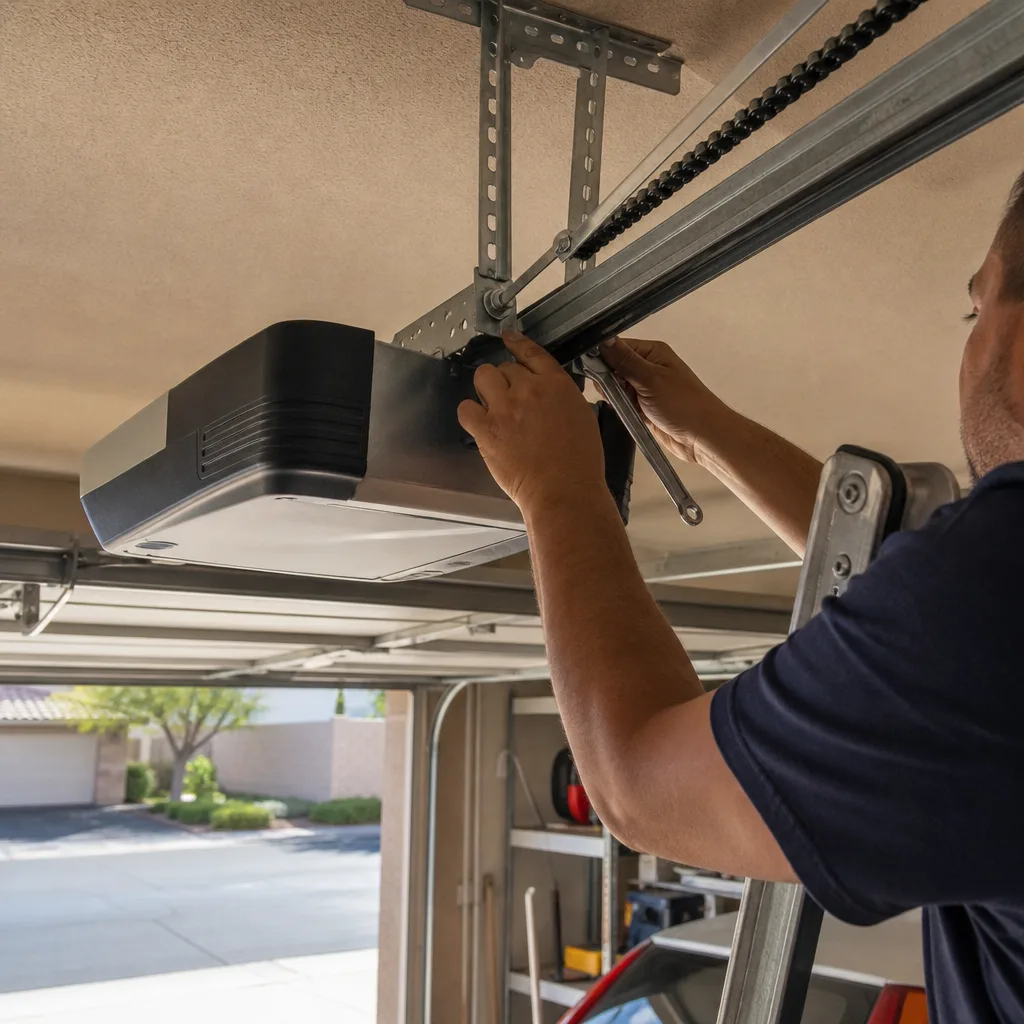 Technician performing garage door opener repair and installation on a ladder