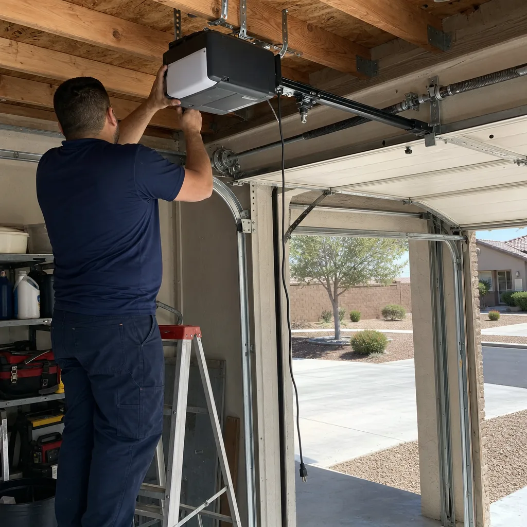 Technician performing professional garage door opener repair and installation services
