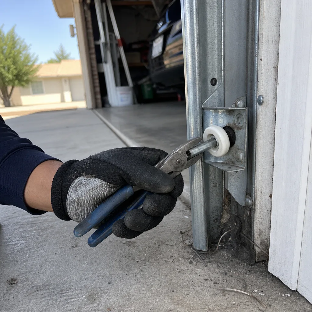 Professional technician repairing a garage door roller mechanism